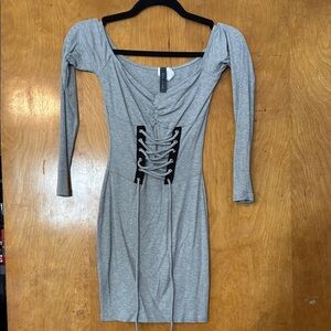 Gray Puff Sleeve Bodycon Dress with Scoop Neck